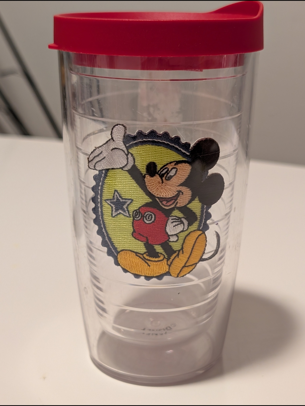 Disney Clear Tumbler with Red Lid and Mickey Patch